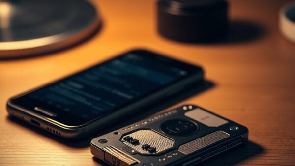 Un hardware wallet posé sur un bureau en bois à côté d'un smartphone