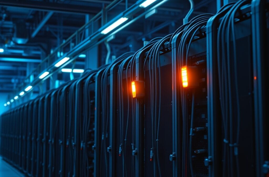 Rangées de racks de minage industriels dans un entrepôt avec éclairage bleu et voyant ambre