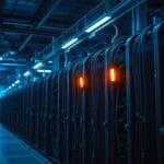 Rangées de racks de minage industriels dans un entrepôt avec éclairage bleu et voyant ambre