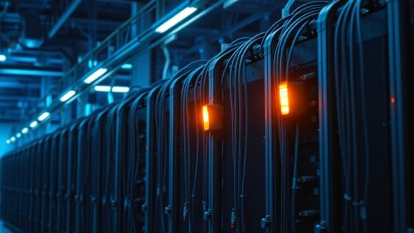 Rangées de racks de minage industriels dans un entrepôt avec éclairage bleu et voyant ambre