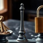 Balance en fer forgé avec des clés en laiton d'un côté et un cadenas moderne de l'autre sur un comptoir en marbre