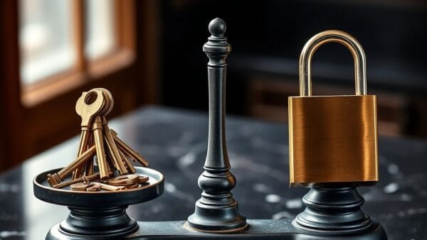 Balance en fer forgé avec des clés en laiton d'un côté et un cadenas moderne de l'autre sur un comptoir en marbre