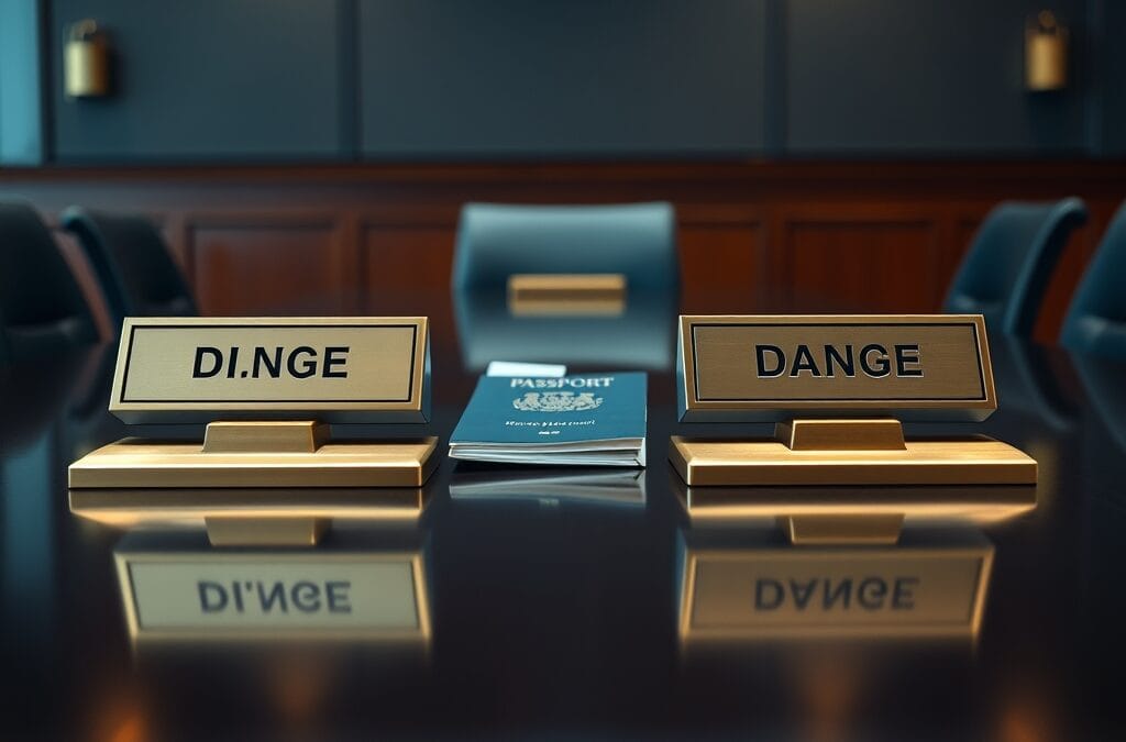 Deux plaques de bureau en laiton face a face sur table de conference avec passeport