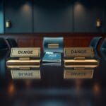 Deux plaques de bureau en laiton face a face sur table de conference avec passeport