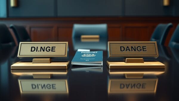 Deux plaques de bureau en laiton face a face sur table de conference avec passeport