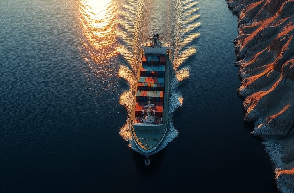 Navire cargo traversant un détroit étroit entre des côtes rocheuses au coucher du soleil
