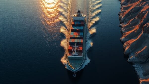 Navire cargo traversant un détroit étroit entre des côtes rocheuses au coucher du soleil