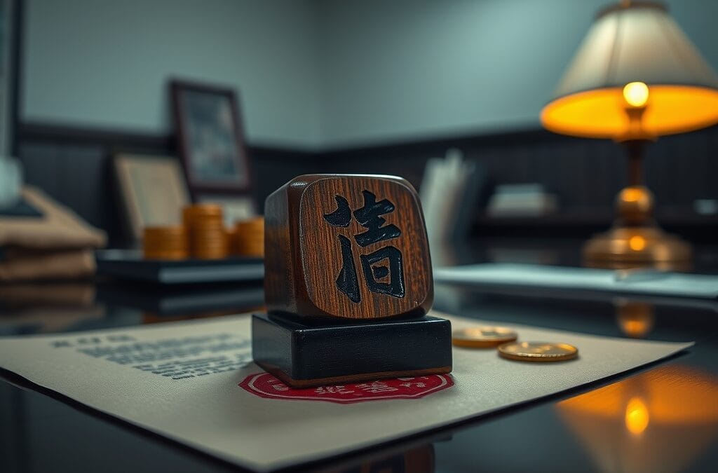 Sceau japonais officiel posé sur un document à côté de pièces dorées