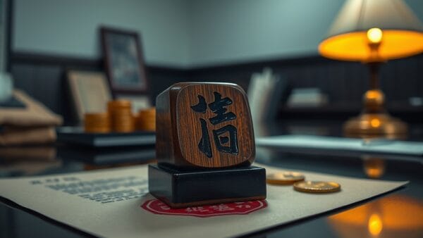 Sceau japonais officiel posé sur un document à côté de pièces dorées
