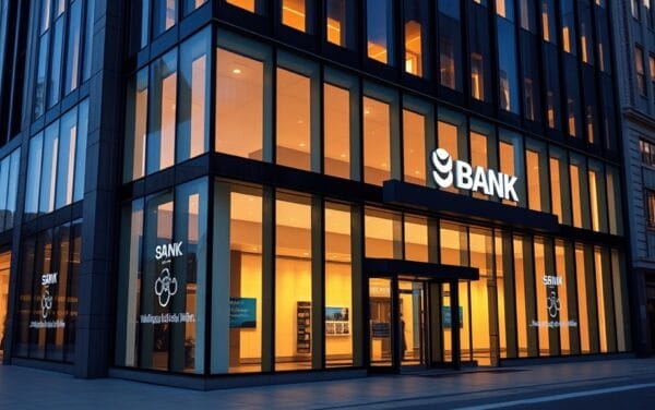 Façade en verre d'un siège bancaire au crépuscule en milieu urbain