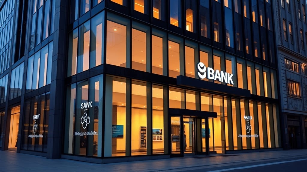 Façade en verre d'un siège bancaire au crépuscule en milieu urbain