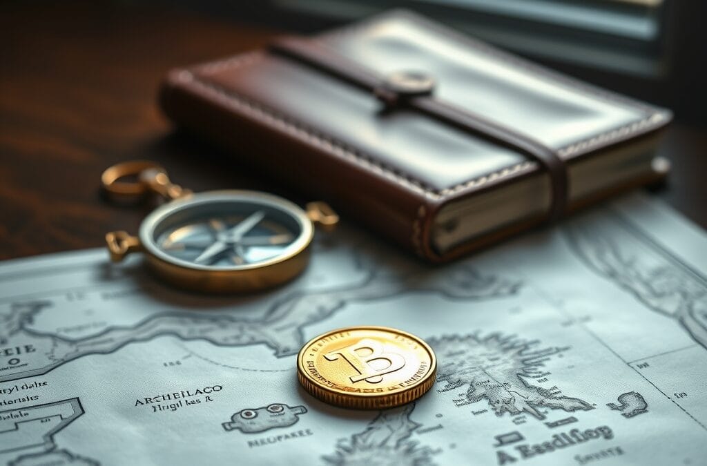 Pièce dorée posée sur une carte imprimée montrant un archipel