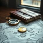 Pièce dorée posée sur une carte imprimée montrant un archipel