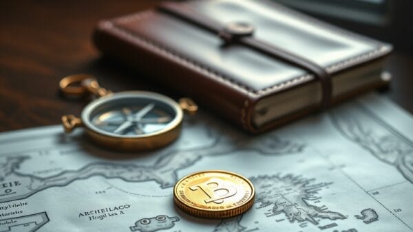 Pièce dorée posée sur une carte imprimée montrant un archipel