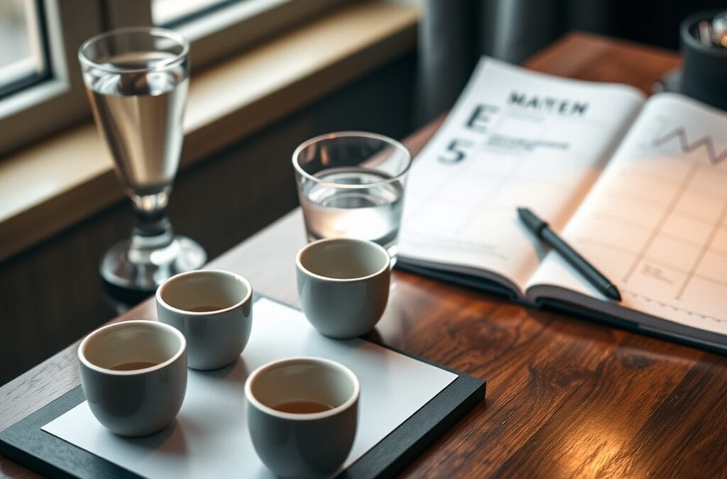 Trois tasses en céramique aligneées sur un bureau bois avec carnet de notes