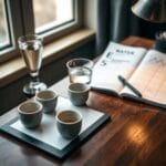 Trois tasses en céramique aligneées sur un bureau bois avec carnet de notes