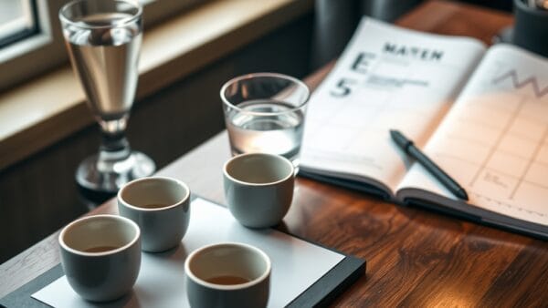 Trois tasses en céramique aligneées sur un bureau bois avec carnet de notes