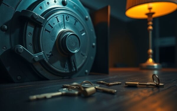 Porte de coffre-fort fissurée et clés argentées sur un bureau en bois