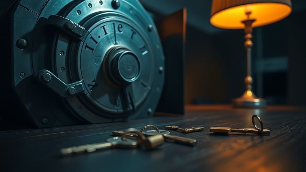 Porte de coffre-fort fissurée et clés argentées sur un bureau en bois