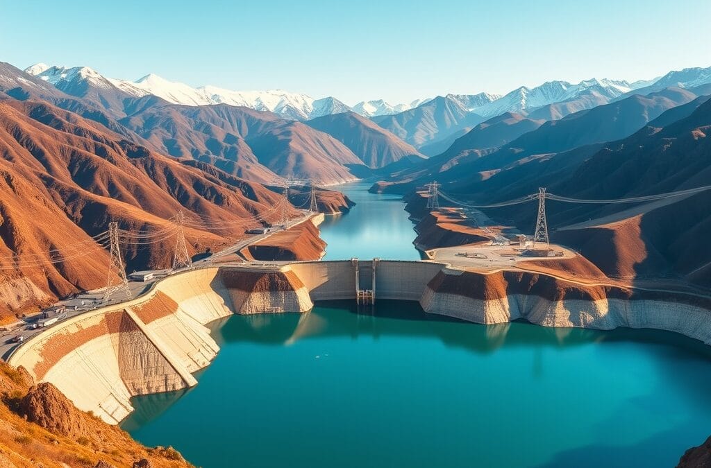 Vallée montagneuse avec barrage hydroélectrique et pylônes électriques sous un ciel clair