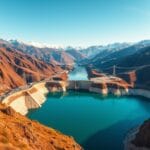 Vallée montagneuse avec barrage hydroélectrique et pylônes électriques sous un ciel clair