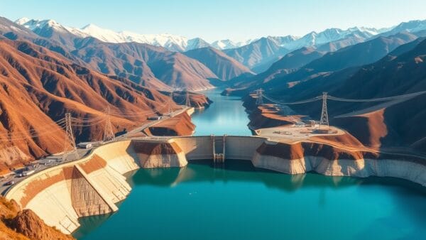 Vallée montagneuse avec barrage hydroélectrique et pylônes électriques sous un ciel clair