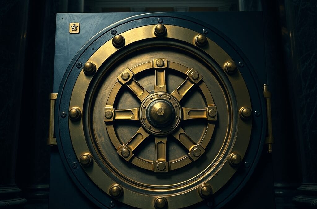 Roue de coffre-fort en laiton sur une porte d acier dans un hall bancaire en marbre