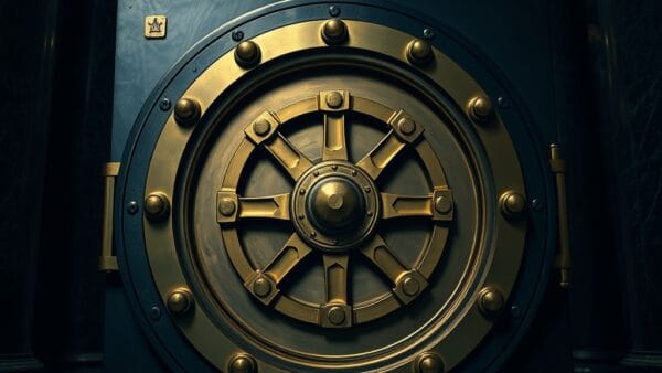 Roue de coffre-fort en laiton sur une porte d acier dans un hall bancaire en marbre