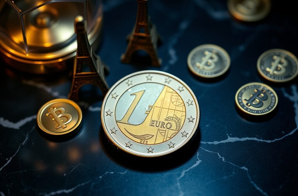 Pièce d euro fraîchement frappée avec Tour Eiffel miniature et trois sceaux bancaires