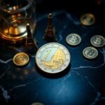 Pièce d euro fraîchement frappée avec Tour Eiffel miniature et trois sceaux bancaires