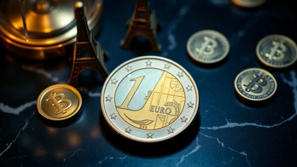 Pièce d euro fraîchement frappée avec Tour Eiffel miniature et trois sceaux bancaires