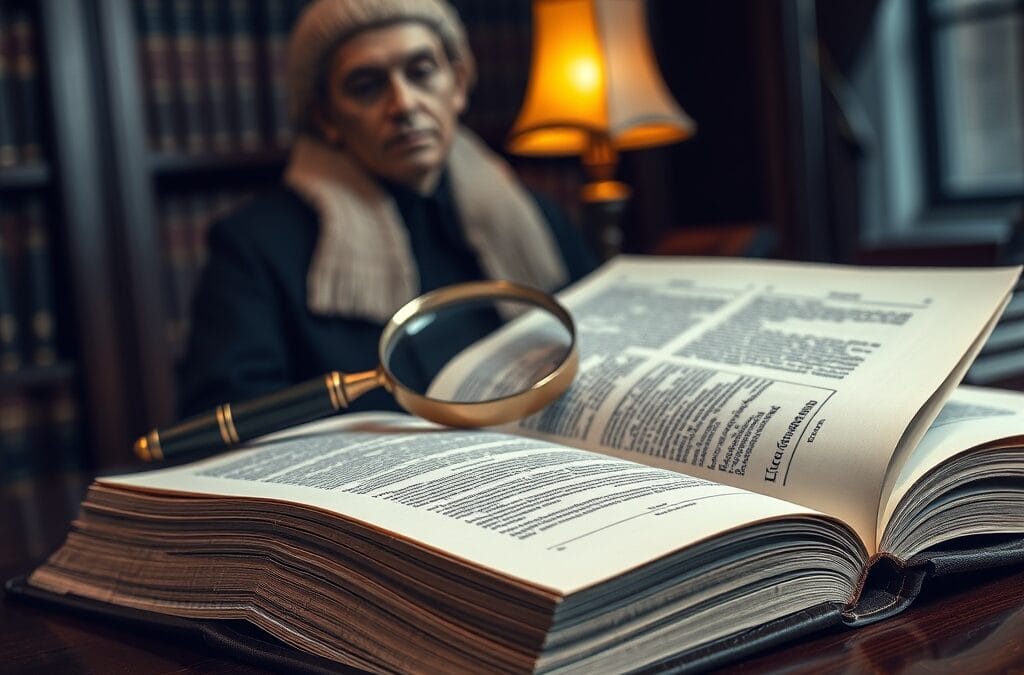 Traite juridique ouvert sur un bureau en acajou avec loupe en laiton et perruque de juge