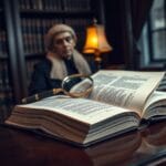 Traite juridique ouvert sur un bureau en acajou avec loupe en laiton et perruque de juge