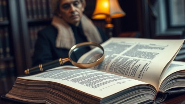 Traite juridique ouvert sur un bureau en acajou avec loupe en laiton et perruque de juge