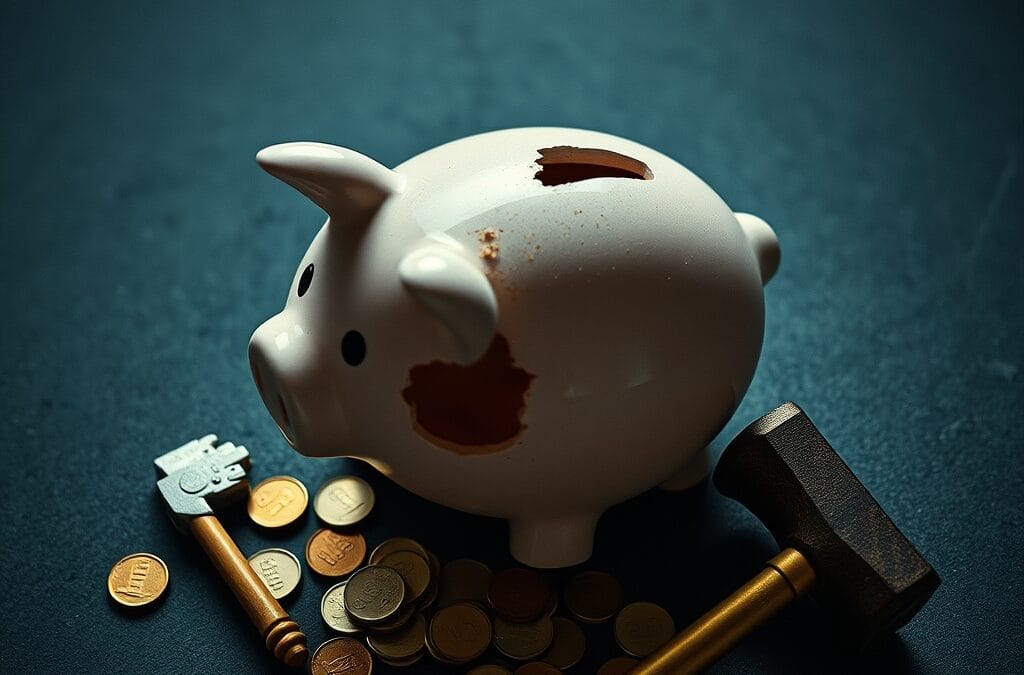 Tirelire en ceramique brisee sur un sol en beton avec pieces eparpillees et marteau