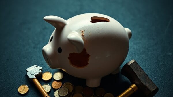 Tirelire en ceramique brisee sur un sol en beton avec pieces eparpillees et marteau