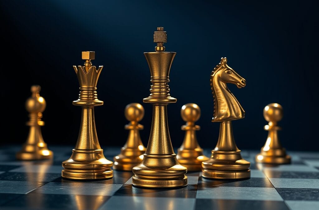 Trois pieces d echecs en laiton formant un triangle sur un echiquier en pierre sombre