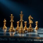 Trois pieces d echecs en laiton formant un triangle sur un echiquier en pierre sombre