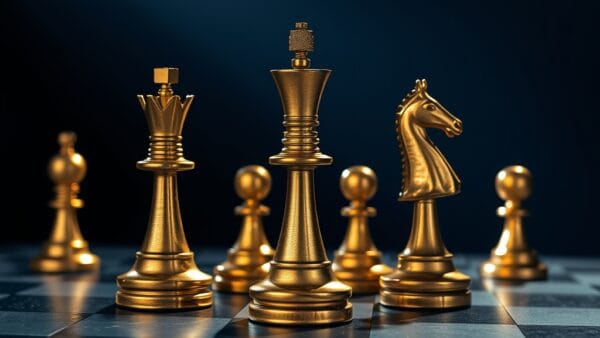 Trois pieces d echecs en laiton formant un triangle sur un echiquier en pierre sombre