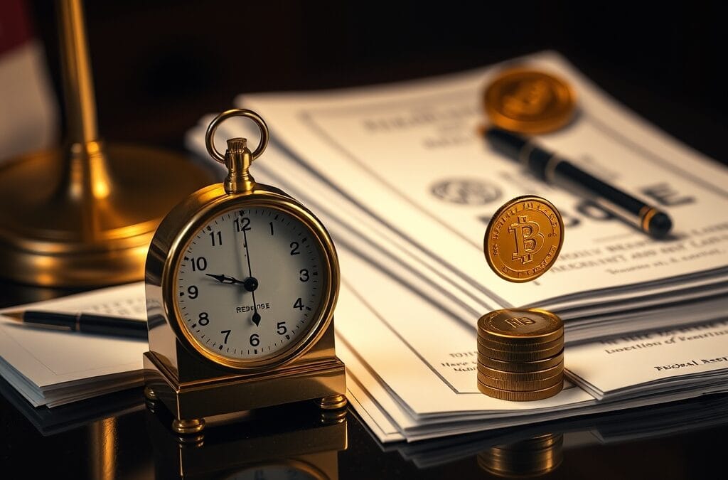 Métronome en laiton sur bureau poli avec rapports de la Fed et pièce dorée rebondissant