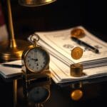 Métronome en laiton sur bureau poli avec rapports de la Fed et pièce dorée rebondissant