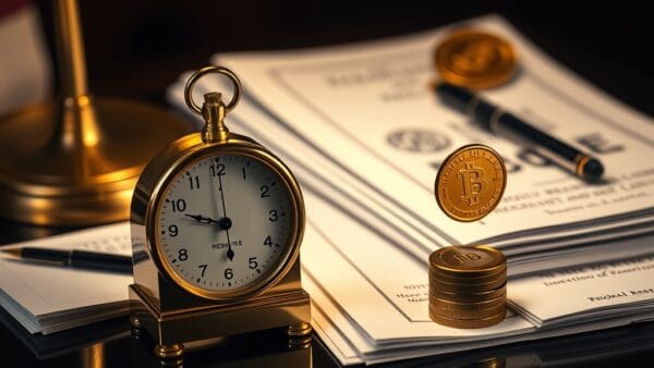 Métronome en laiton sur bureau poli avec rapports de la Fed et pièce dorée rebondissant