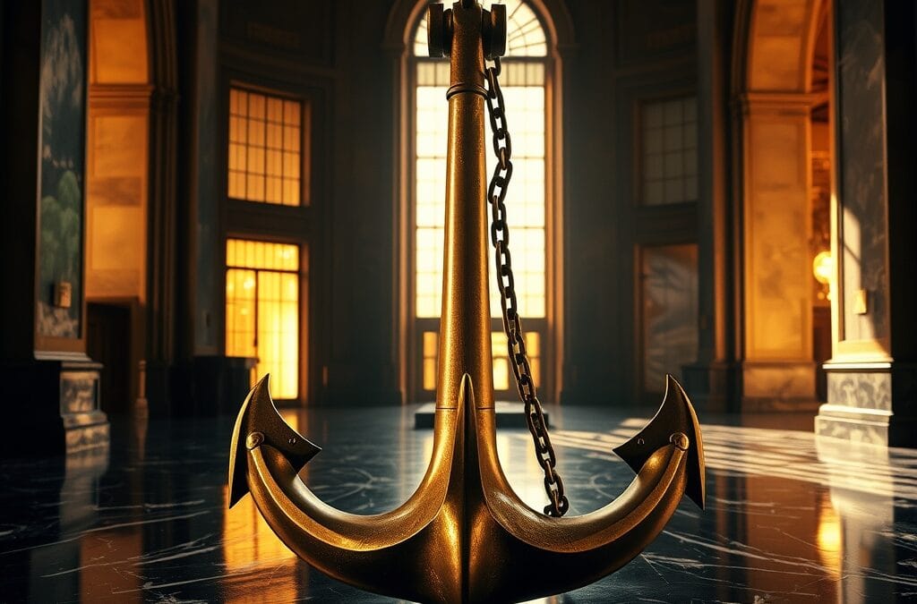 Ancre en laiton enchainee au sol en marbre d un hall bancaire avec lumiere doree