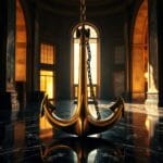 Ancre en laiton enchainee au sol en marbre d un hall bancaire avec lumiere doree