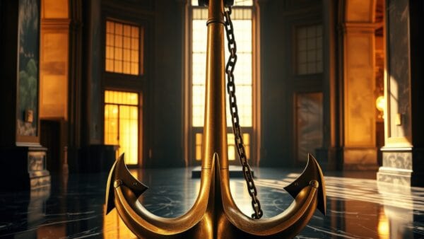 Ancre en laiton enchainee au sol en marbre d un hall bancaire avec lumiere doree