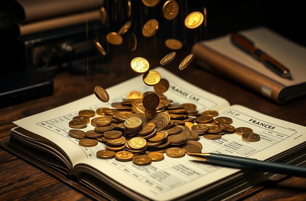 Pièces dorées tombant comme la pluie sur un livre fiscal français sur bureau en chêne