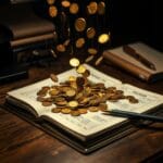 Pièces dorées tombant comme la pluie sur un livre fiscal français sur bureau en chêne