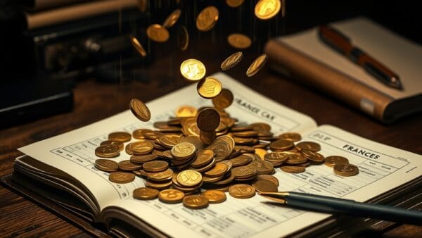 Pièces dorées tombant comme la pluie sur un livre fiscal français sur bureau en chêne