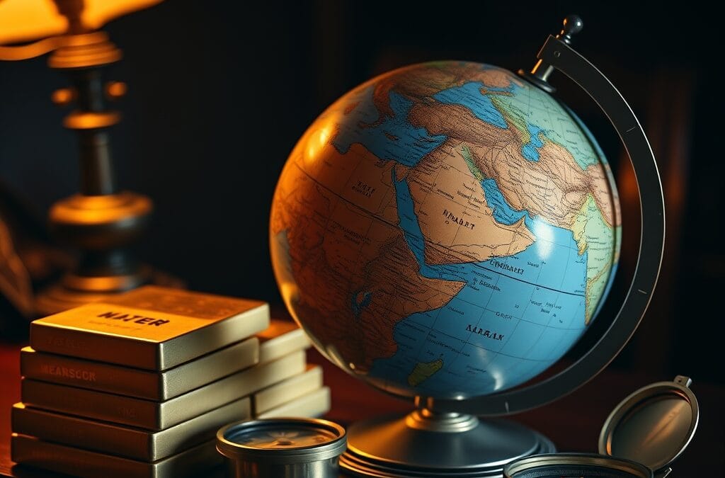 Globe terrestre focalise sur le Moyen-Orient avec lingots d or et boussole militaire
