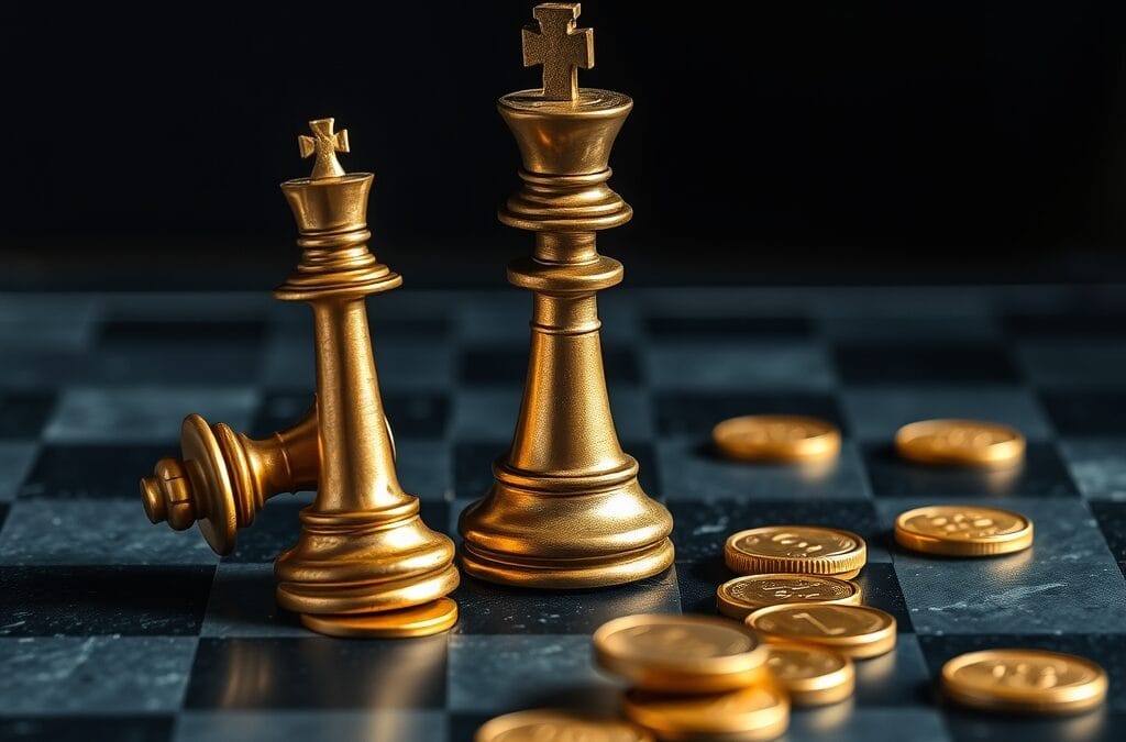 Roi d echecs renverse a cote d une tour en laiton sur echiquier avec pieces d or